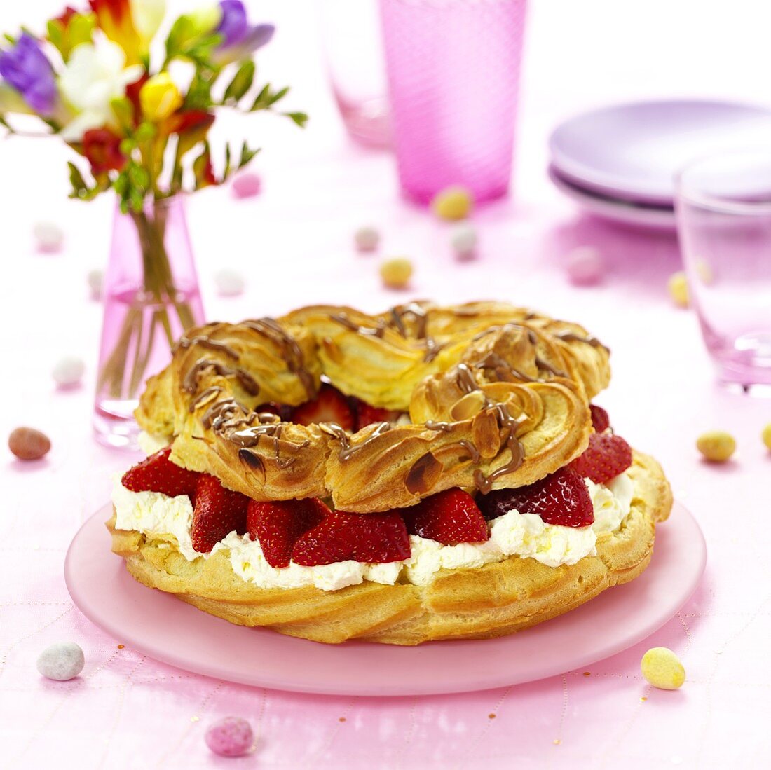 Easter cake with cream and fresh strawberries