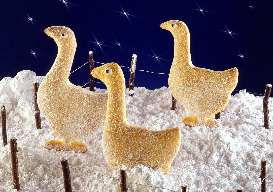 Goose biscuits in icing sugar snow