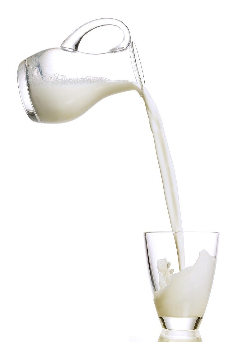 Milchkaraffe giesst Milch in Glas