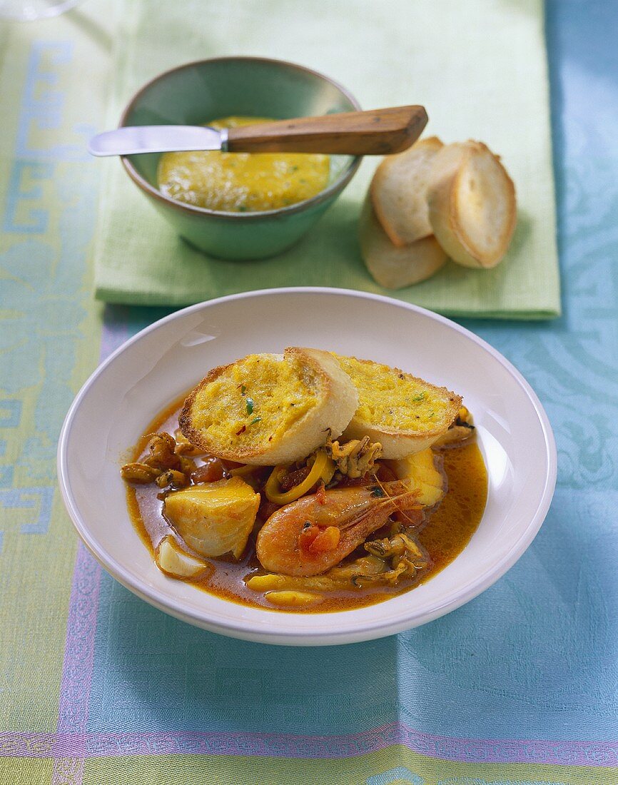 Fish soup with rouille (chili and garlic paste)