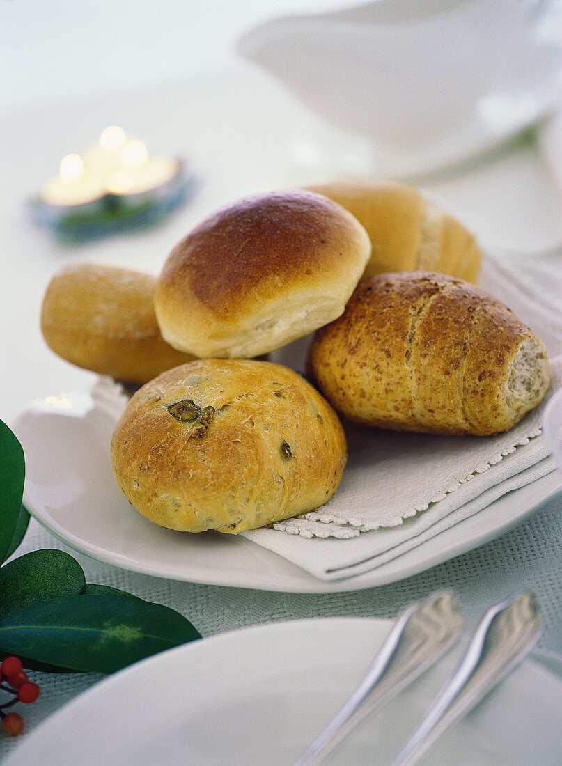 Assorted bread rolls on plate