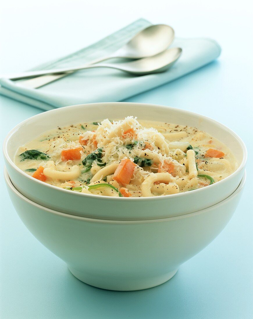 Cheese soup with macaroni and vegetables