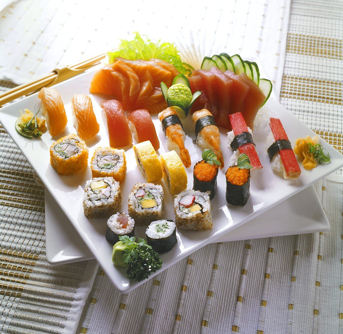 Large sushi and sashimi platter