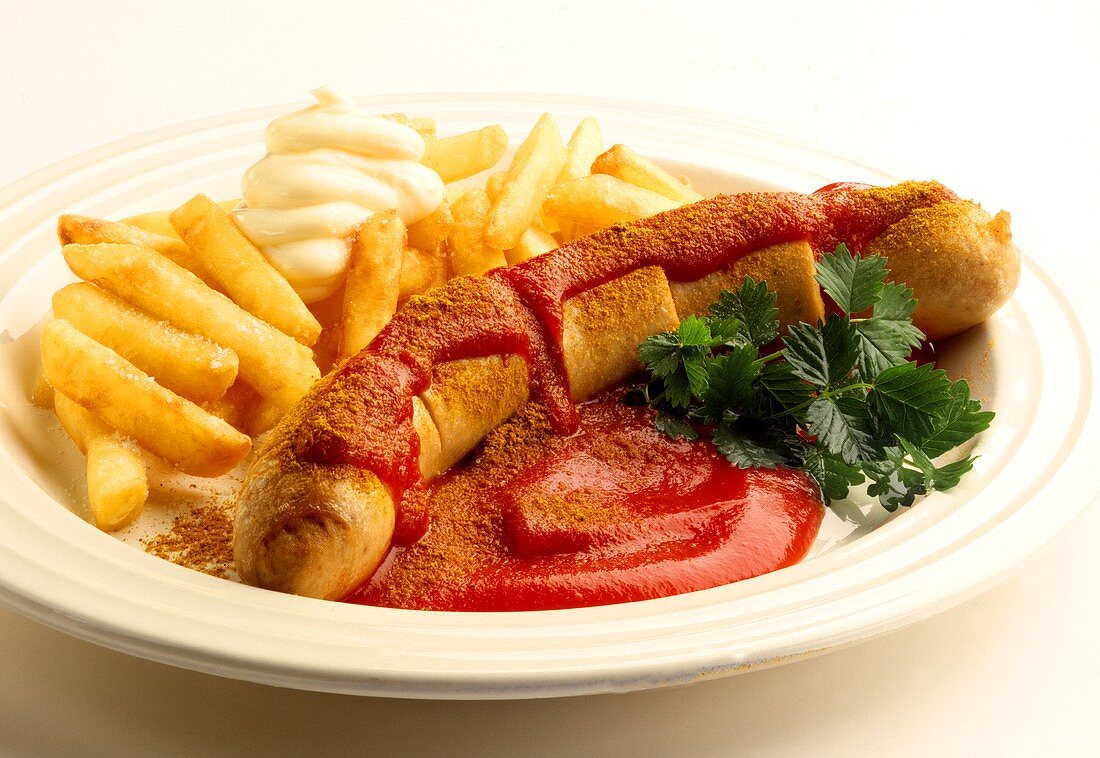 Sausage with curry, ketchup, chips and mayonnaise
