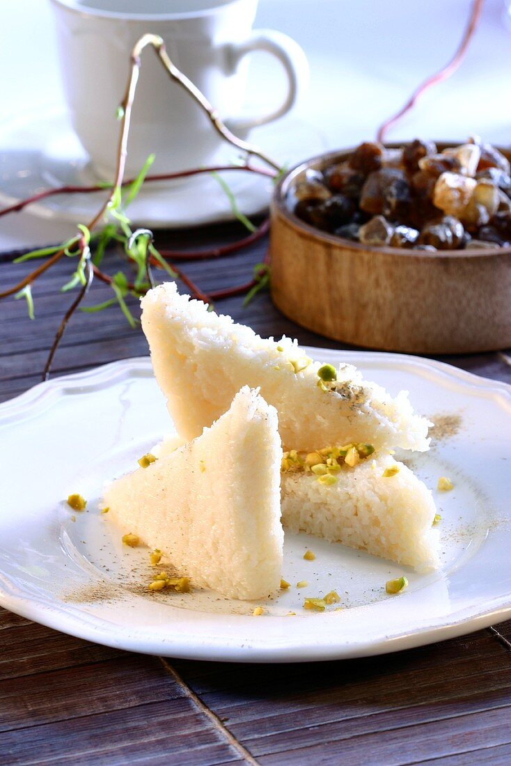 Coconut dessert with chopped pistachios