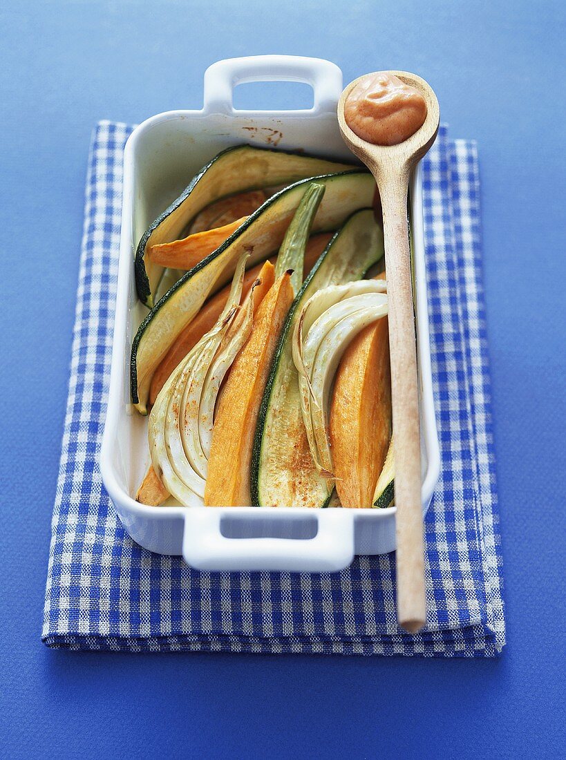 Oven-baked vegetables with pepper dip