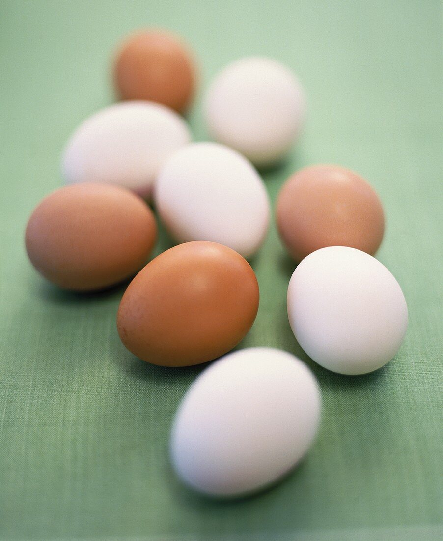 weiße und braune Eier auf grünem Untergrund