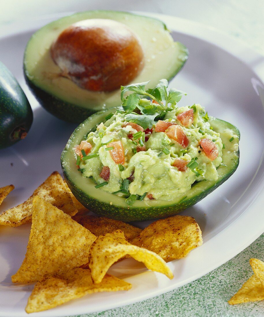 Guacamole in ausgehöhlter Avocado; Tortillachips