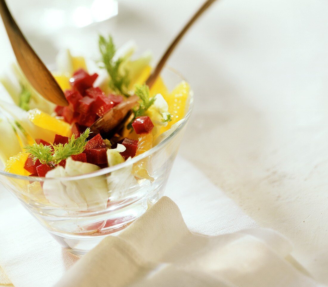 Rote-Bete-Orangen-Salat mit Fenchelblättern dekoriert