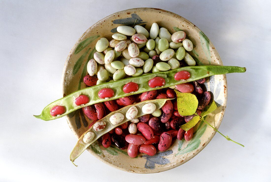 Green, white, red flageolet beans in a dish