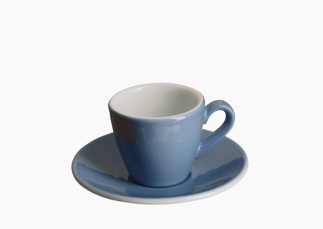 A pale-blue coffee cup with saucer