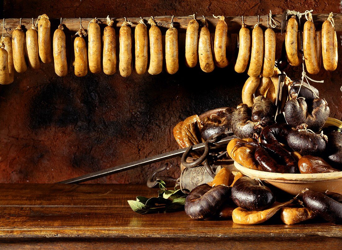 Smoked sausages and black pudding