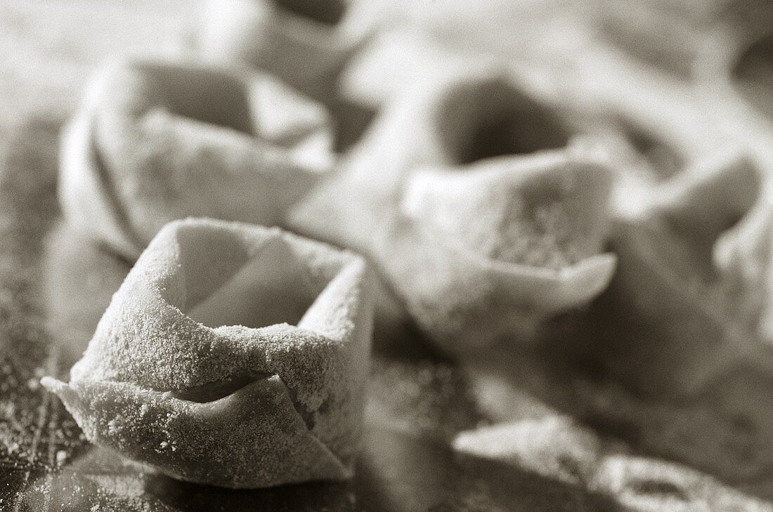Uncooked tortellini (black and white photo)