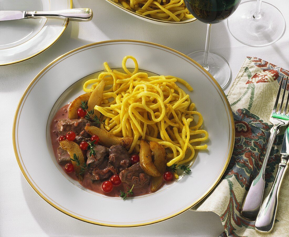 Finely chopped venison in Cassis sauce with pears & noodles