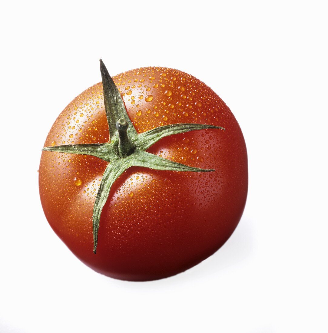 Eine Tomate mit Wassertropfen