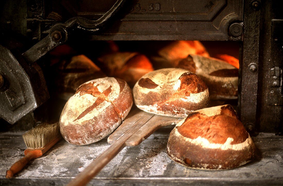 Taking bread out of the oven