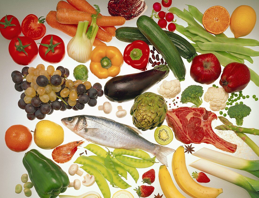 Various foods (vegetables, fruit, fish, meat)