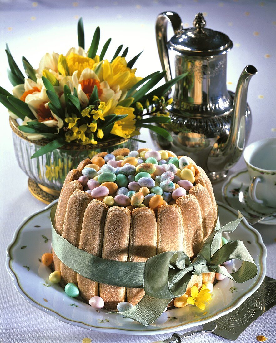 Easter cake (charlotte) with sugar eggs