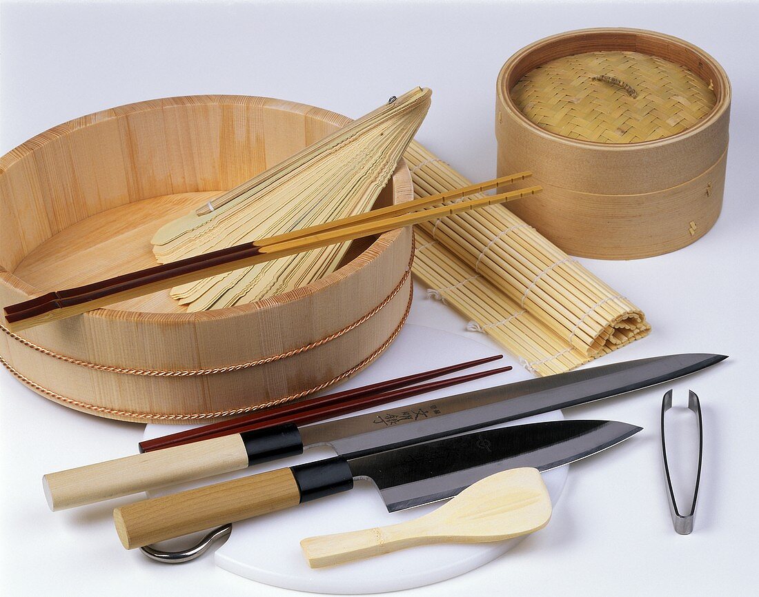 Typical utensils for preparing sushi