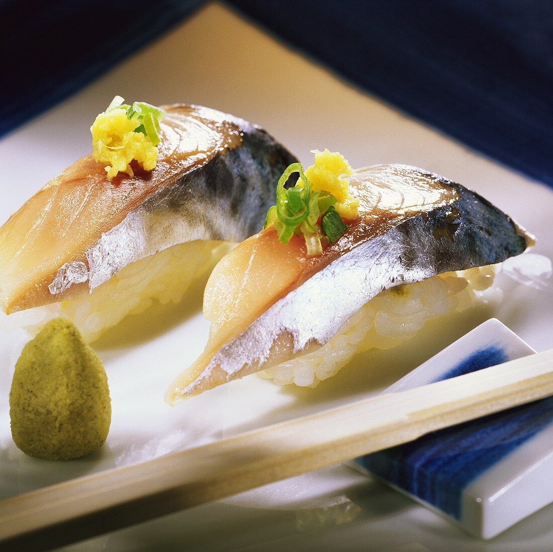Two nigiri sushi with mackerel