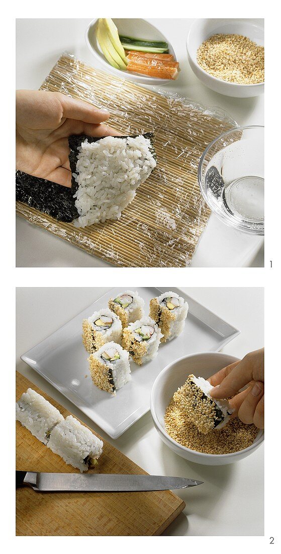 Making ura-maki-sushi