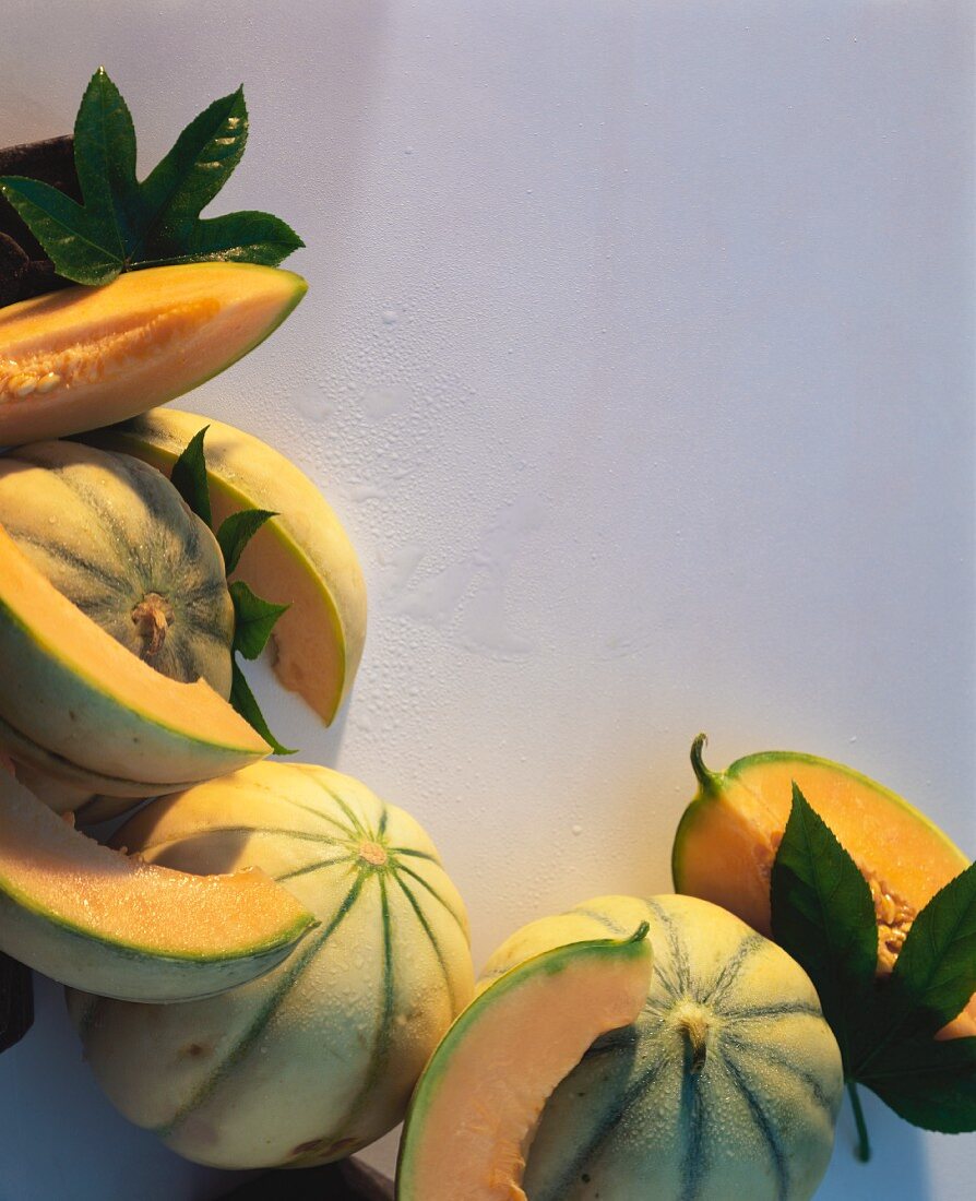 Melonen und Melonenscheiben am Bildrand