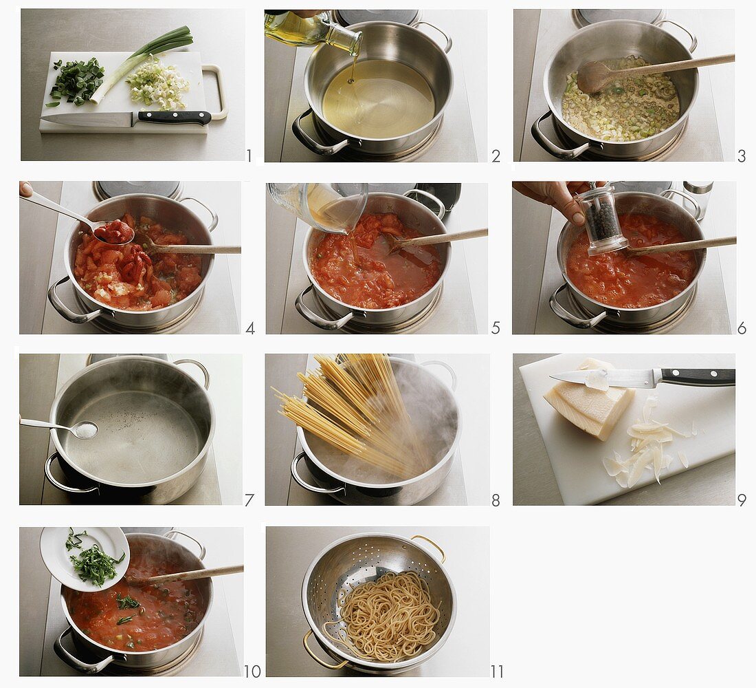 Preparing spaghetti with tomato sauce