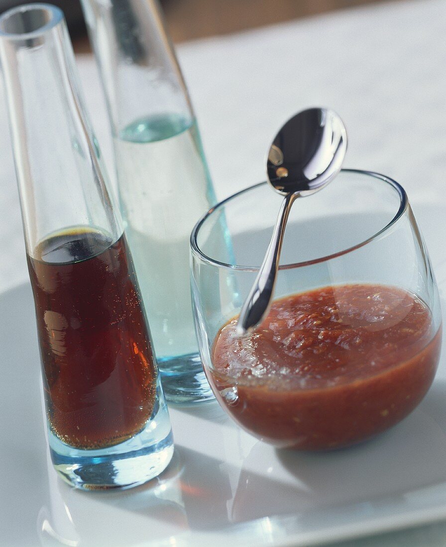 Chili sauce, soy sauce and vinegar (for adding at table)