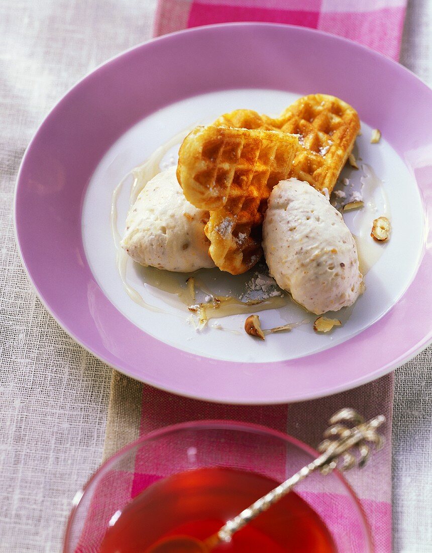 Butter waffles with quark cream and nuts