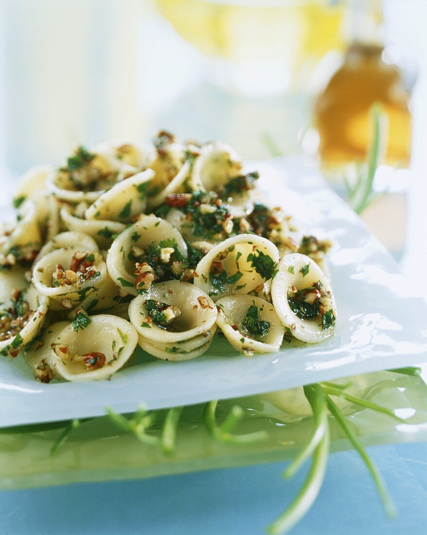 Orecchiette with nut sauce and coriander leaves