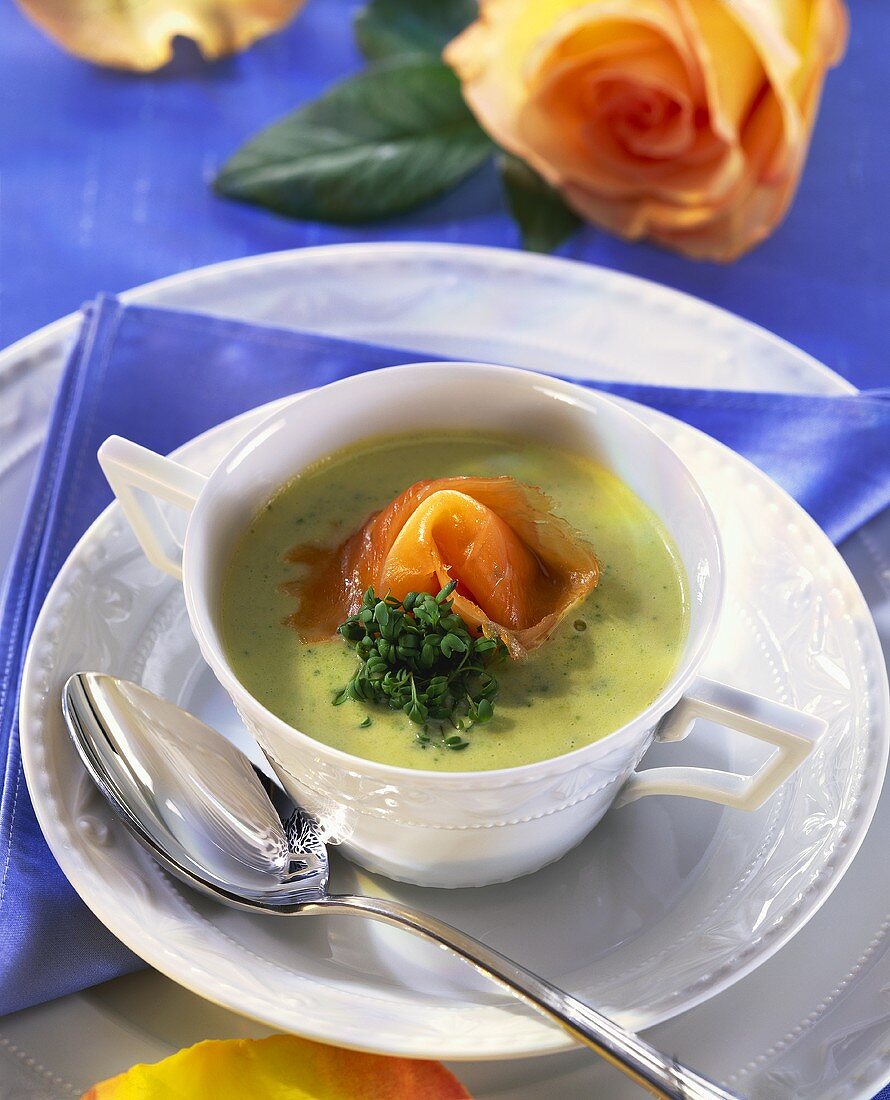 Courgette and cress soup with salmon