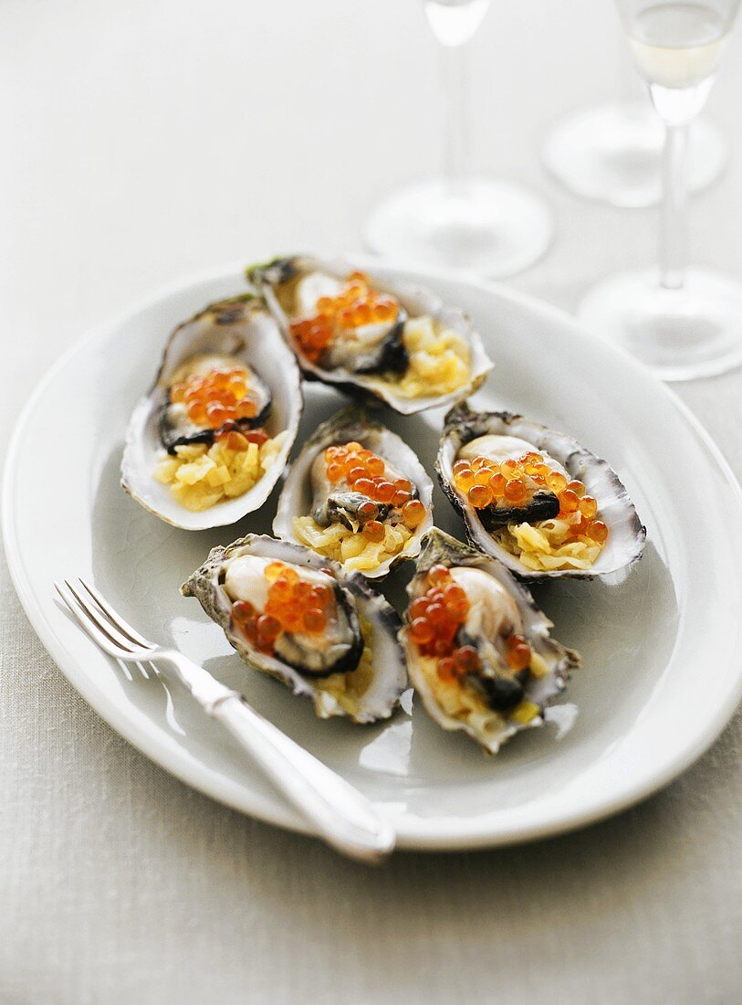 Oysters with leeks and salmon caviare