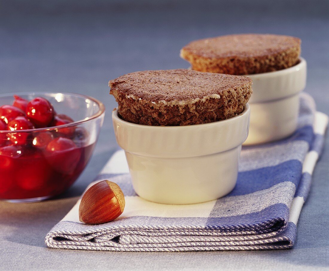 Hazelnut soufflé with cherry compote