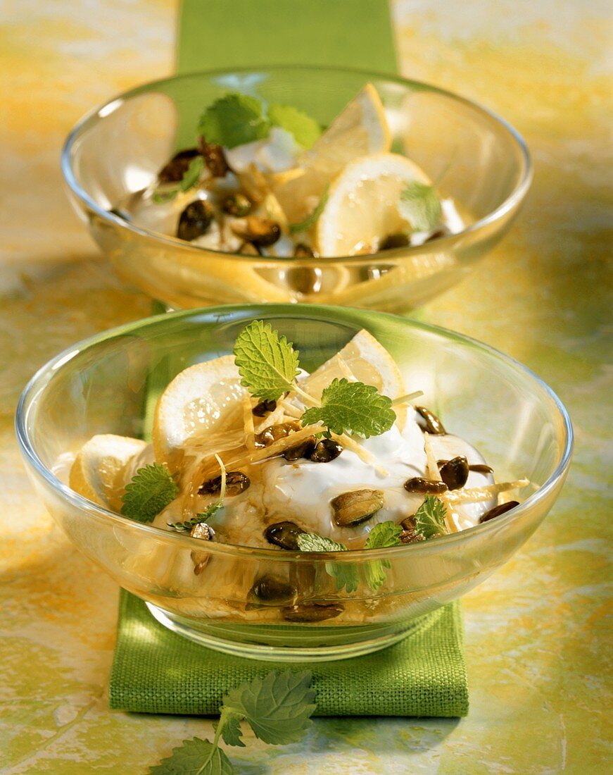 Lemon quark with pistachios and lemon balm