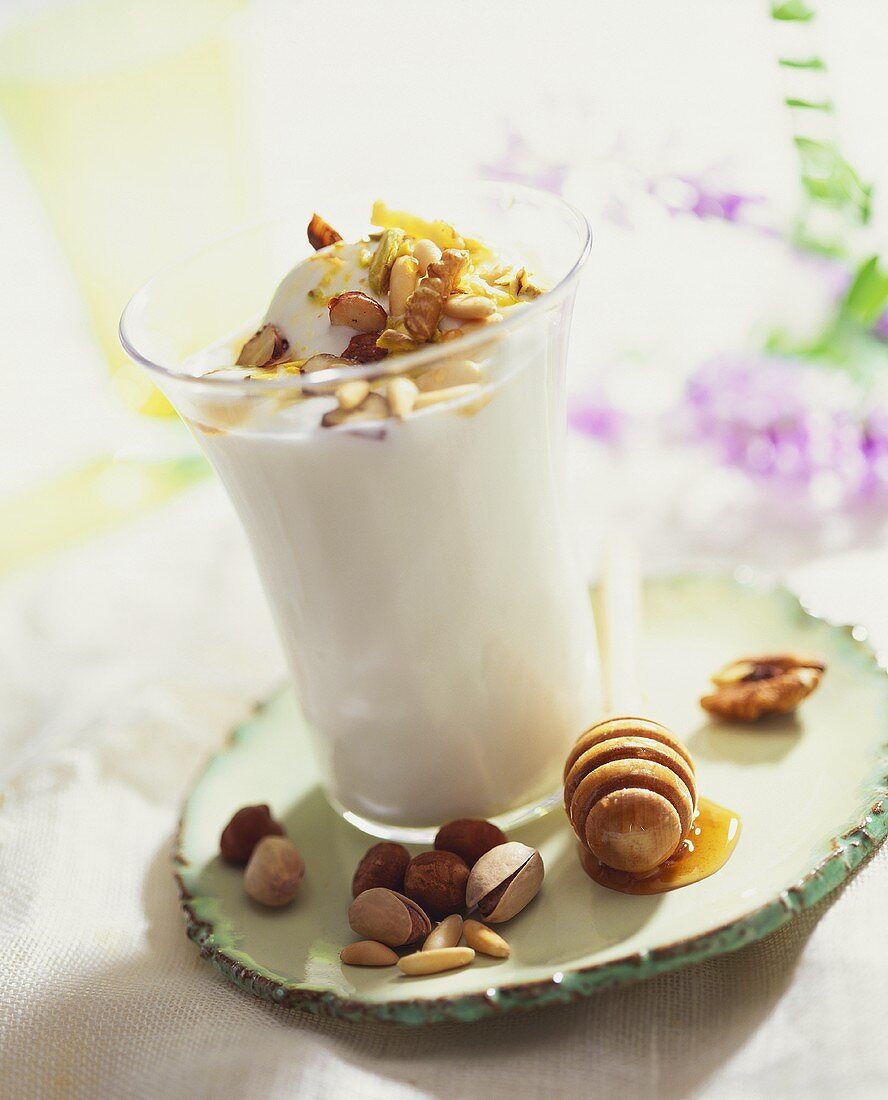 Milkshake with vanilla ice cream, nuts and honey