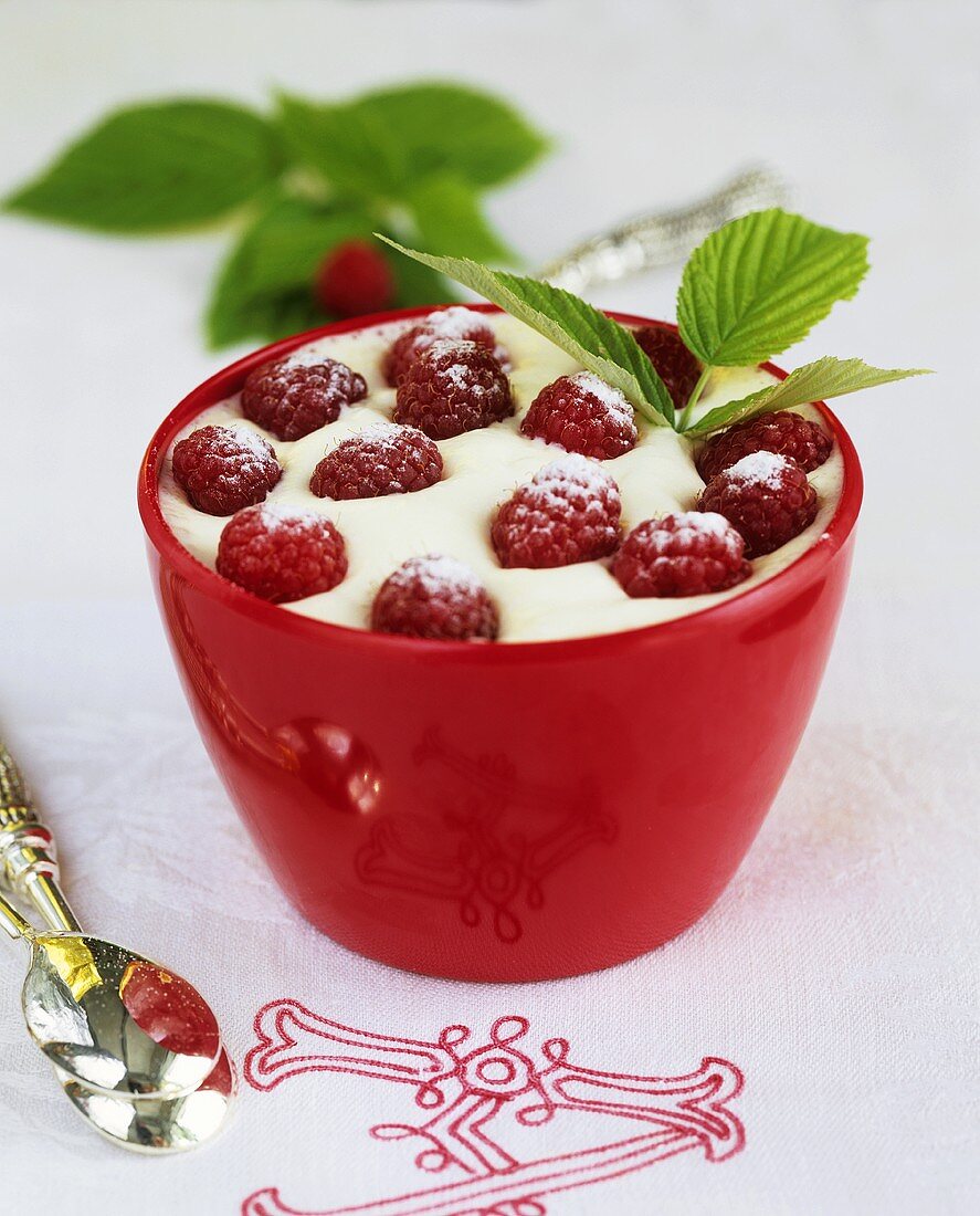 Vanilla cream with raspberries and icing sugar