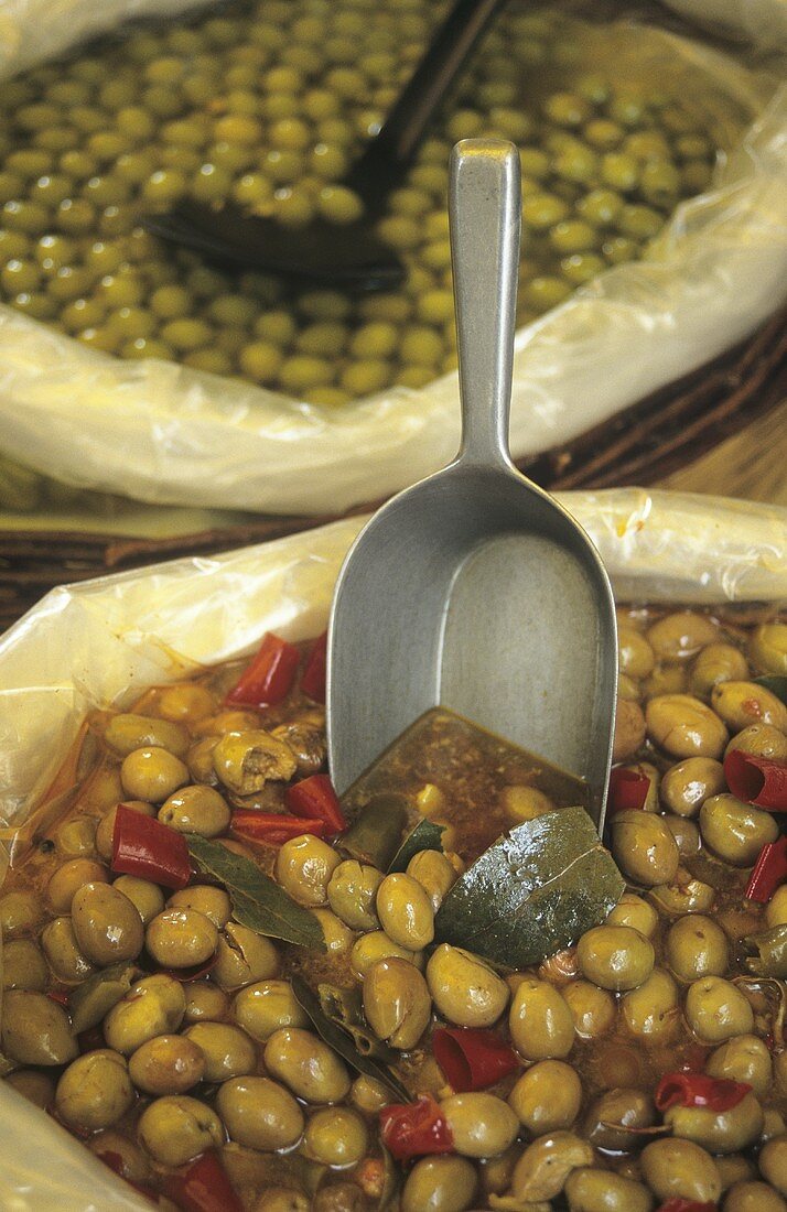 Pickled olives in baskets
