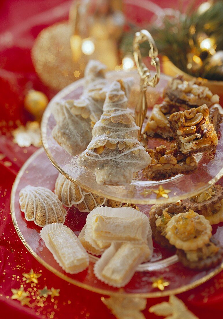 Assorted Christmas biscuits on tiered stand