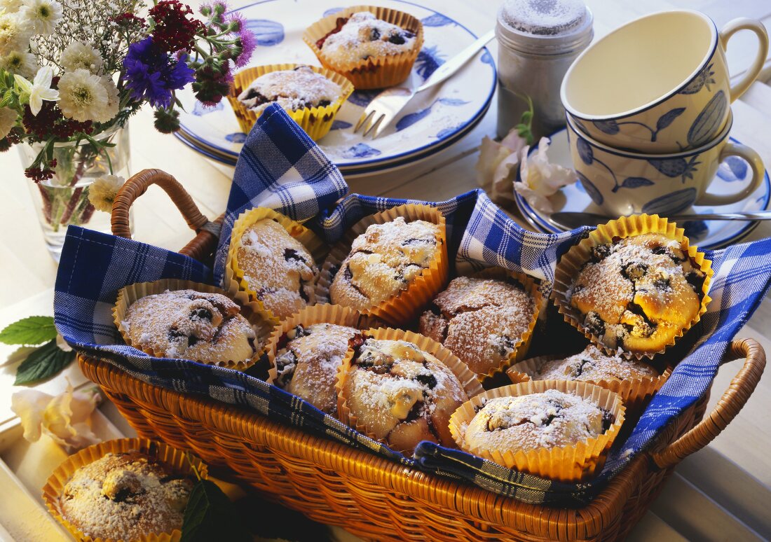 Blueberry muffins in a basket