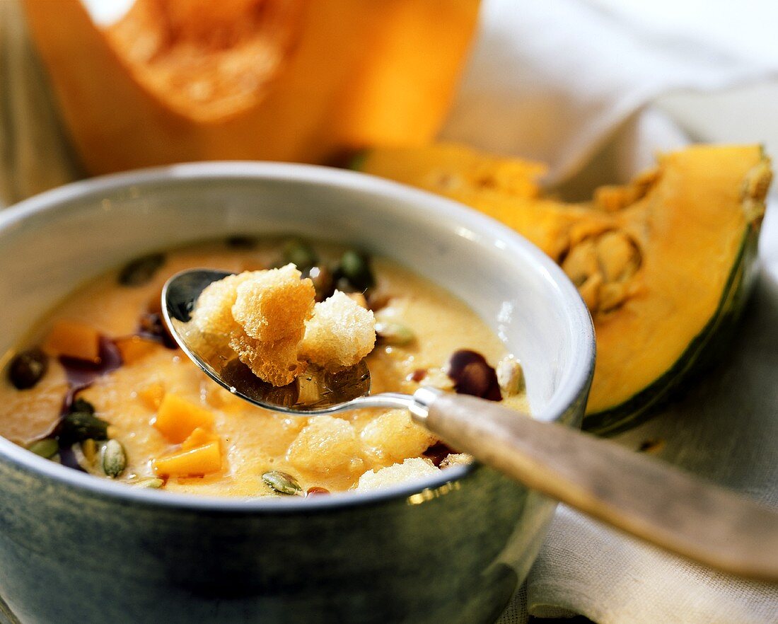 Cream of pumpkin soup with croutons