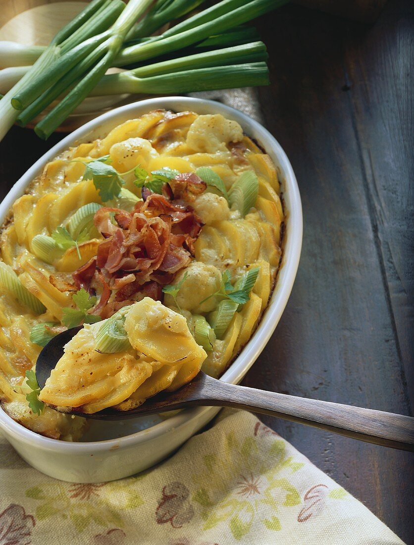 Potato and vegetable casserole with bacon