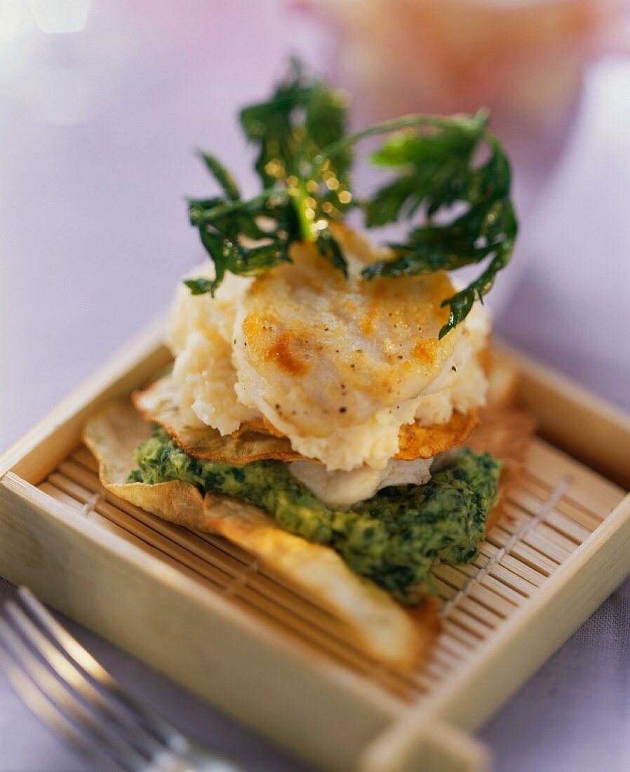 Sea Devil with Celery Puree in Square Wooden Dish