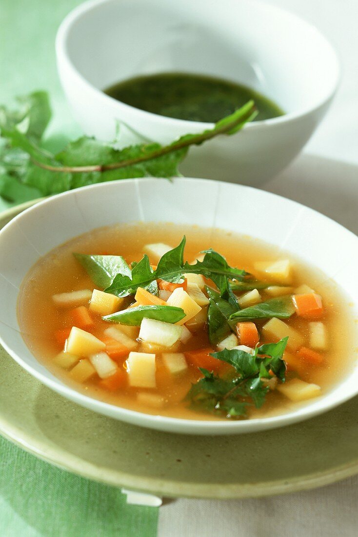 Gemüsesuppe mit Löwenzahn