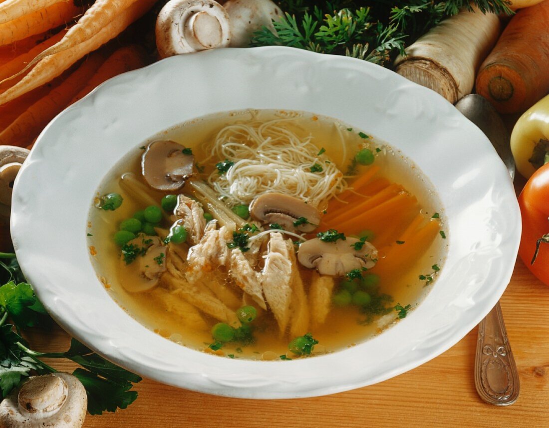 Hungarian chicken soup with thread noodles