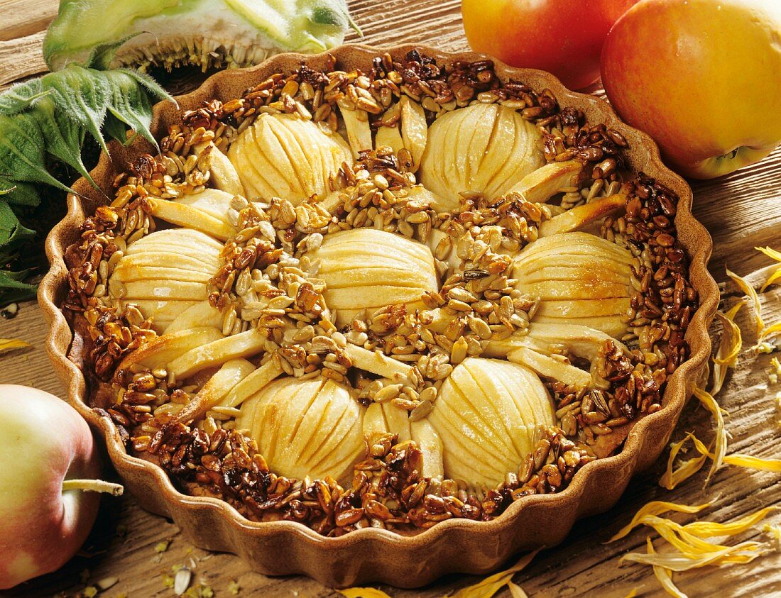 Apple tart with honey and sunflower seeds