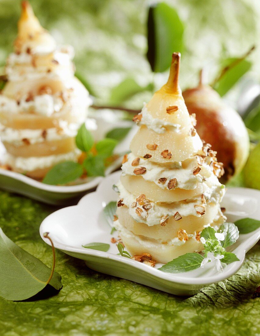 Pear slices layered with sheep's cheese
