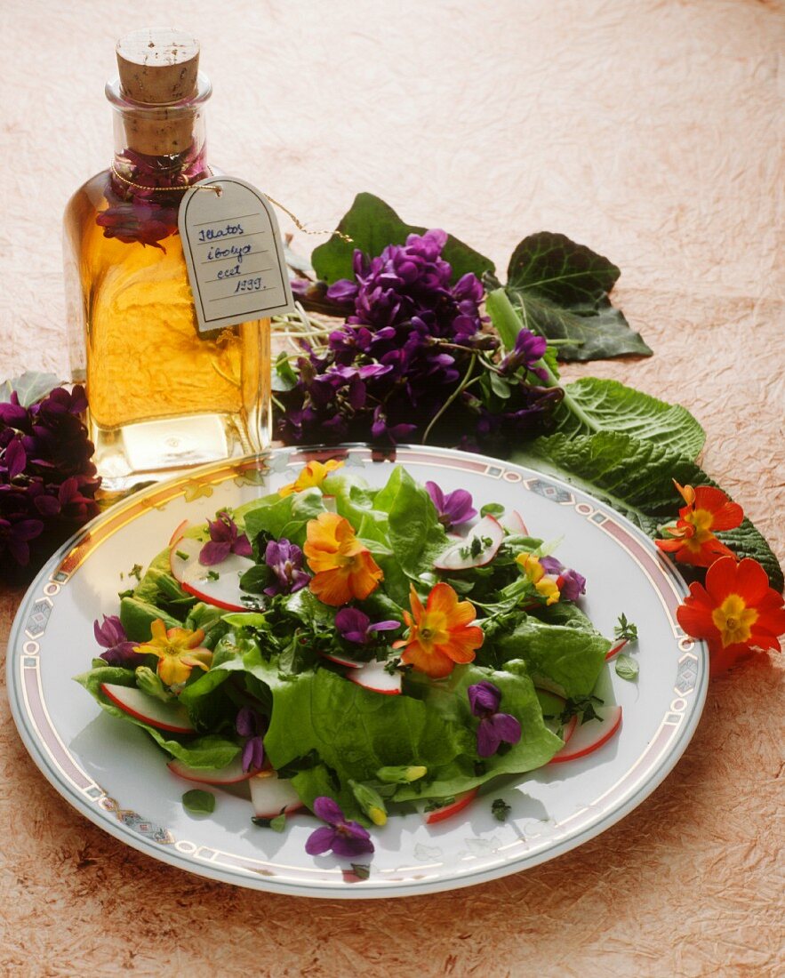 Mixed salad with violets and primroses; violet vinegar