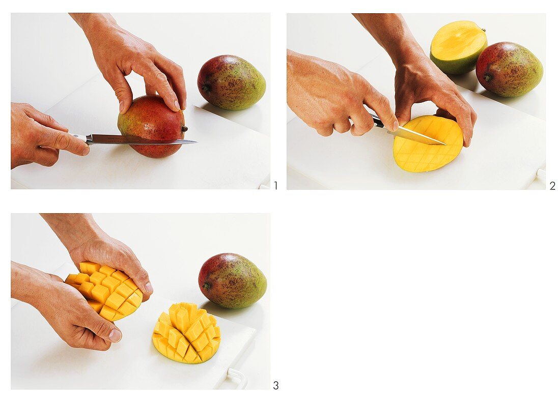 Cutting mango halves decoratively