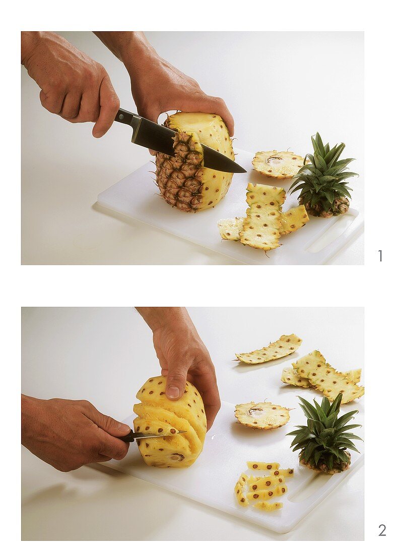 Peeling a pineapple and removing the eyes
