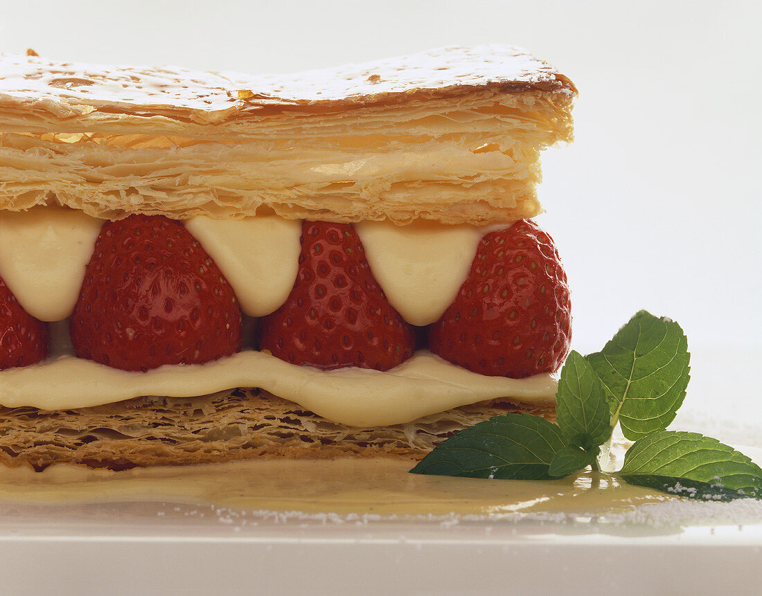 Puff pastry slice with vanilla cream and strawberries